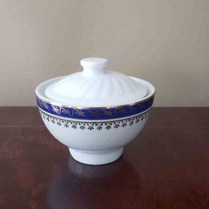 Vintage Cmielow Poland Porcelain Sugar Bowl White Blue Gold